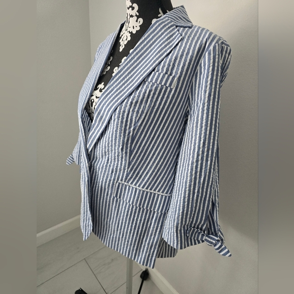 ELLE Open Front Vneck Blazer Shacket Women White/Blue striped 3/4 Sleeve Sz: M - Picture 3 of 14